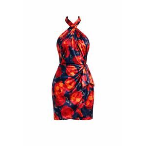 Cinq a Sept Trini Silk Floral Halter Mini Dress Navy red 14 Party Event